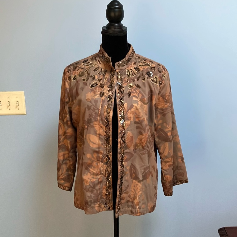 Chico Women 2 (12) Beaded Brown Lined Open Front Jacket Embellished Sequin Le…